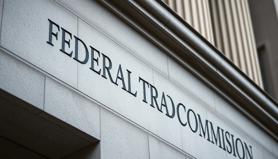 Close-up of Federal Trade Commission's stone facade, FTC pausing PBM litigation.