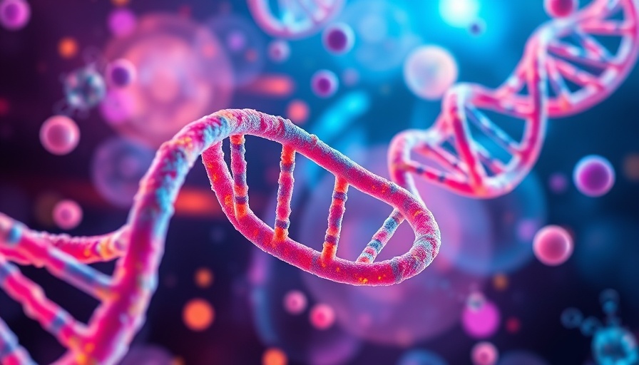 Illustration of DNA strands and cells in leukemia treatment research.