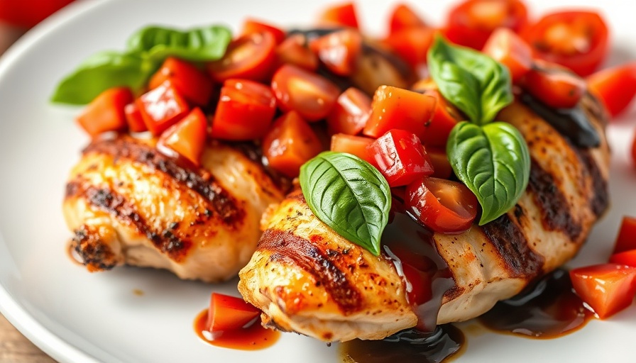 Delicious Bruschetta Grilled Chicken with balsamic glaze close-up.