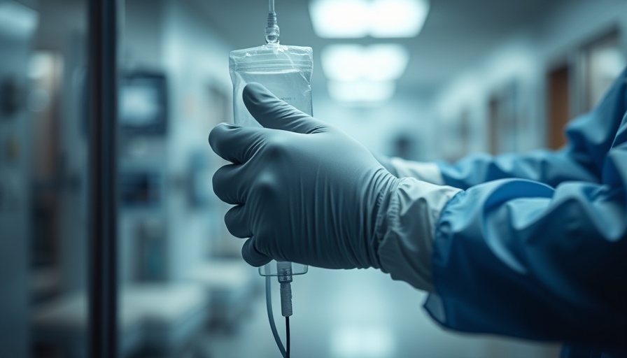 Gloved hands adjusting IV bag in hospital, healthcare tariffs impact on patient care.