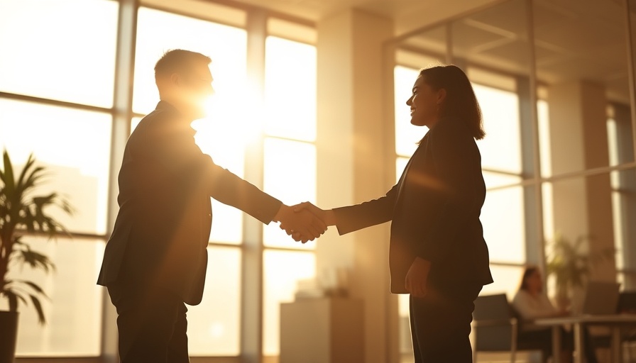 Abstract handshake in office lighting, AdventHealth CEO theme.