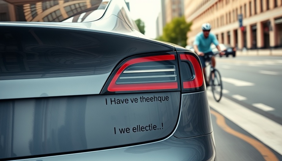 Tesla's Current Challenges: Funny decal on Tesla car in urban street.