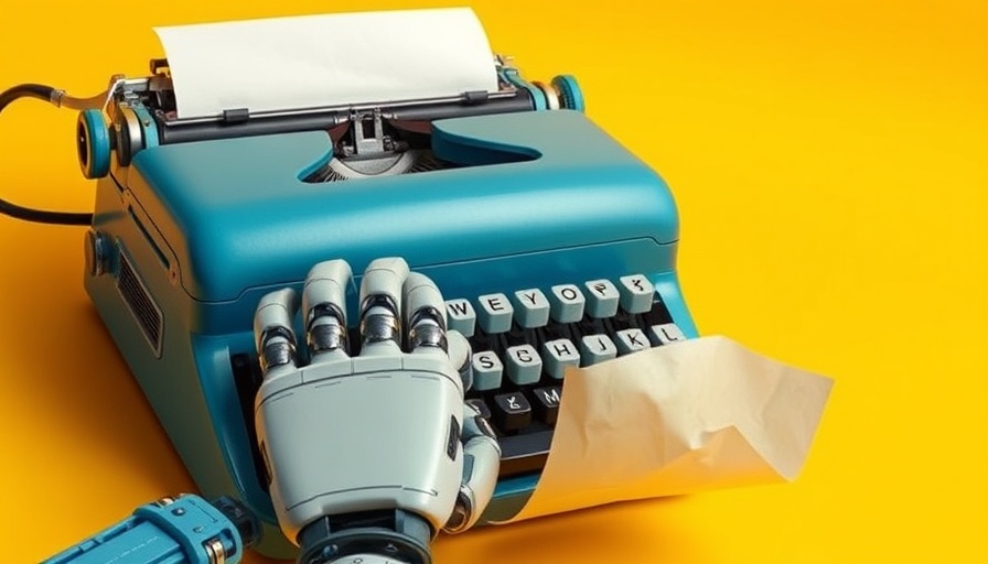 Illustration of robotic hands typing on a typewriter, symbolizing AI use.