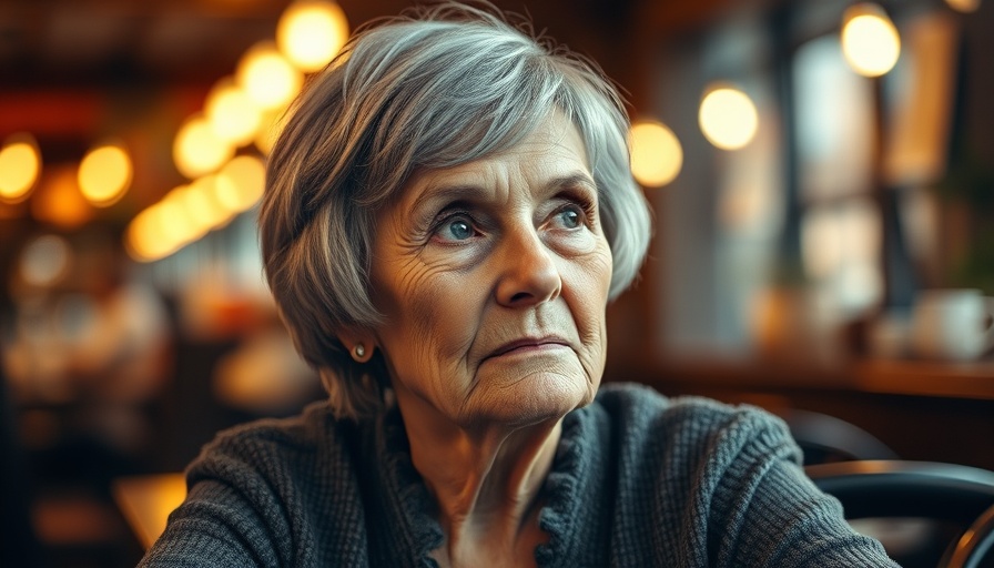 Contemplative elderly woman in cafe, cognitive decline not dementia.