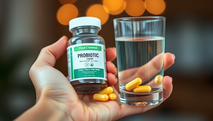 Close-up of a person's hand with probiotic supplements and water.