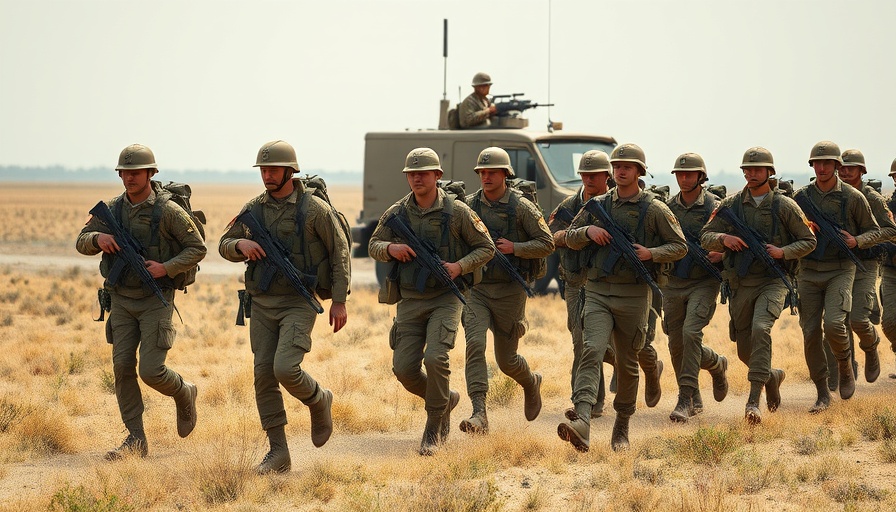 Soldiers marching in a field with military vehicle.