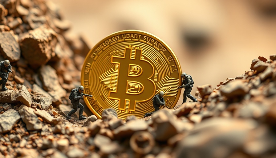 Miniature miners extract a giant Bitcoin in rocky terrain