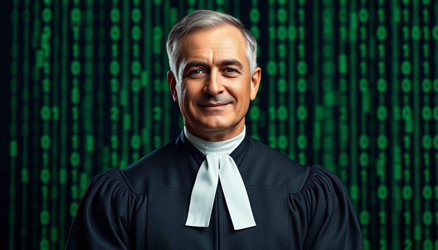 Chief Justice in robe with digital code background.