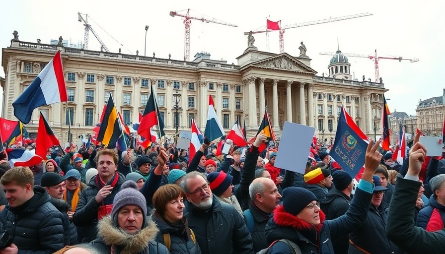 Protest in front of parliament building with flags and signs; Freedom Convoy leaders convicted.