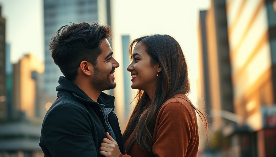 Young couple smiling warmly in urban setting.