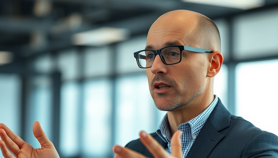 Man gesturing while speaking in a blurred office, highlighting 'Google AI staff paid to do nothing'.