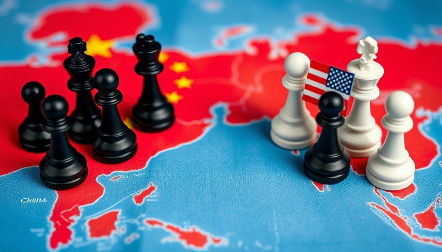 Chess pieces symbolizing trade conflict, China's black pieces with a flag and USA's white pieces, illustrating Trump's tariff threat to China.