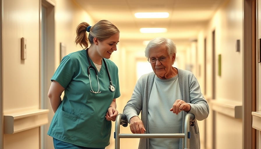 Nursing home staffing mandate: caregiver assisting elderly in corridor.