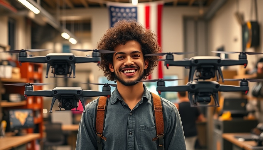 Curly-haired individual in tech workspace with drones, Brinc Drones funding.