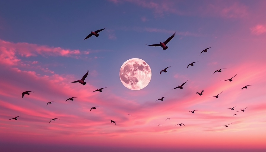 April Full Pink Moon in Libra with birds flying at dusk