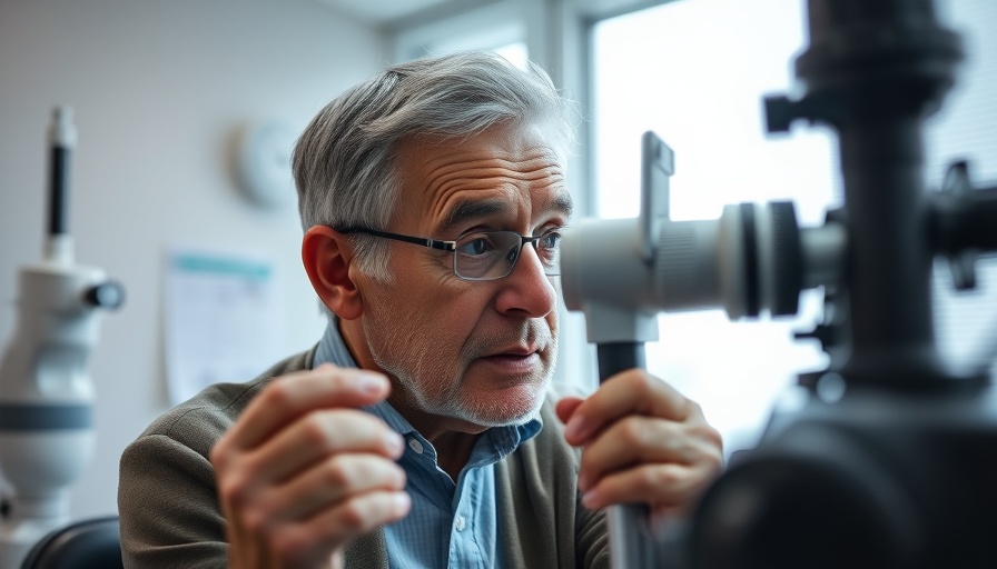 Aging person examines an eye chart, eye health linked to dementia risk.