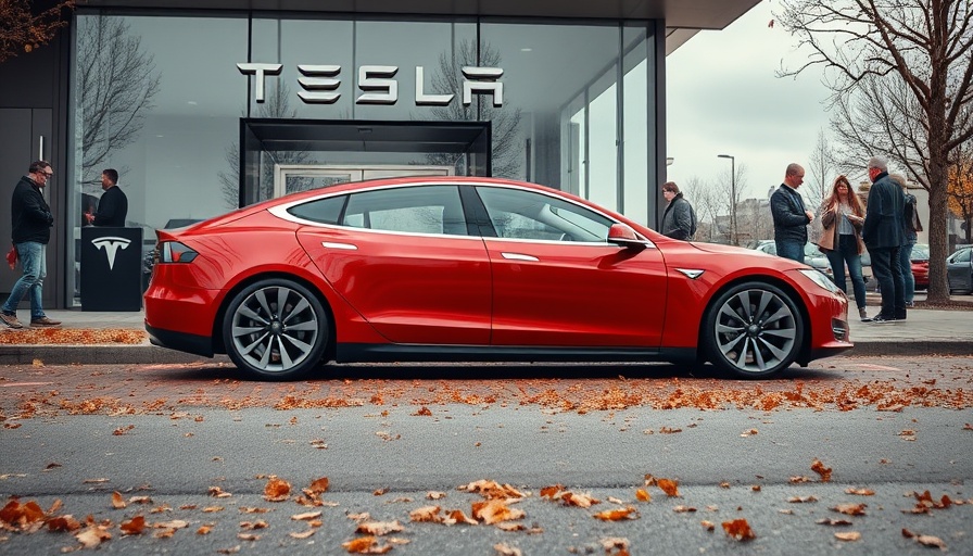 Red Tesla Model S outside showroom as people converse, illustrating Tesla Sentry Mode vigilance.