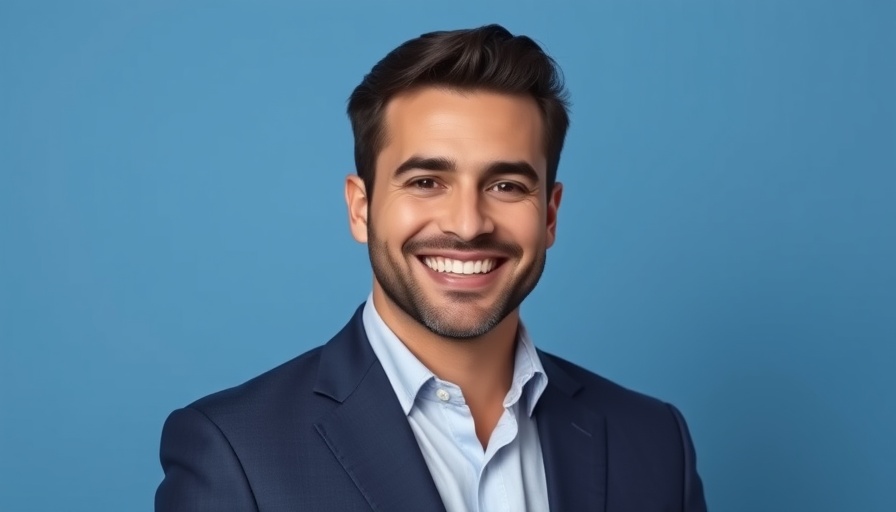 Confident man in blue suit smiling warmly against a blue background.