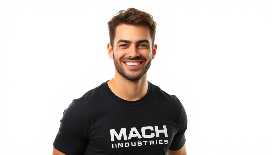 Young man smiling in Mach Industries t-shirt, white background.