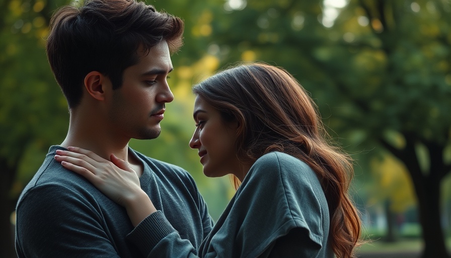 Pensive young man holds a woman outdoors, intimate mood.