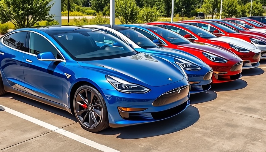 Tesla used car listings skyrocketed; series of Teslas parked.