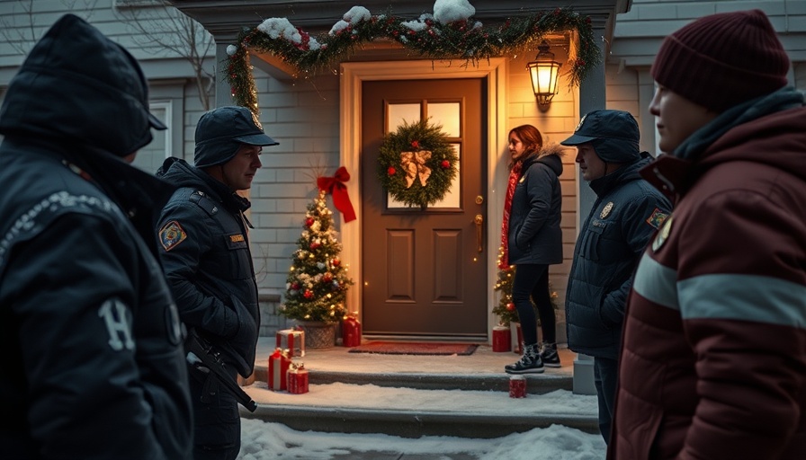 Police officers on a porch during a winter operation.