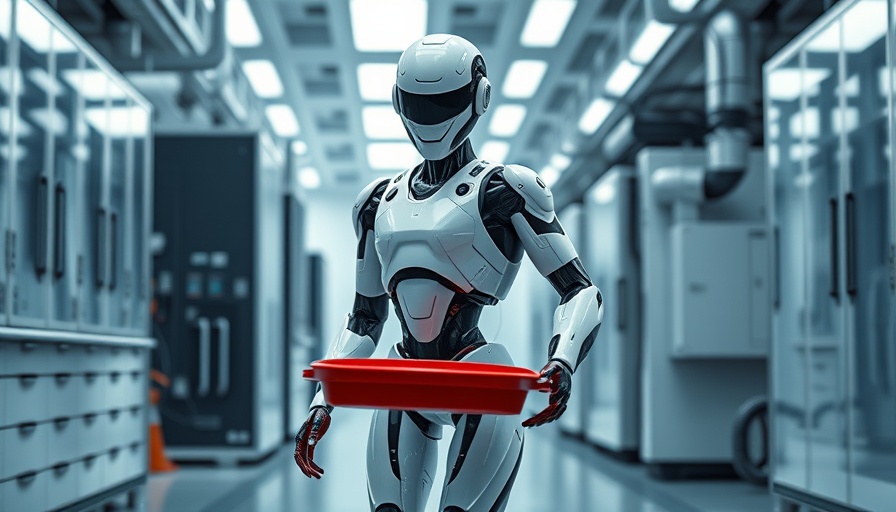 Humanoid robot carrying tray in a lab, showcasing robotics innovation.