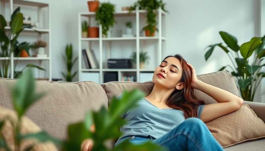 Relaxed woman enjoying a clean, minimalist living room, emphasizing the importance of a clean home for health.