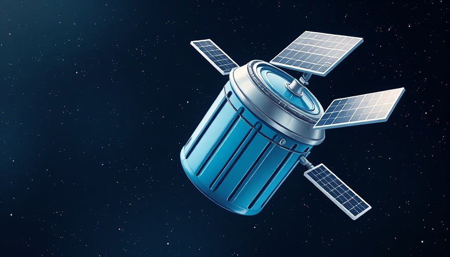 Satirical image of a satellite shaped like a trash can with solar panels in space.