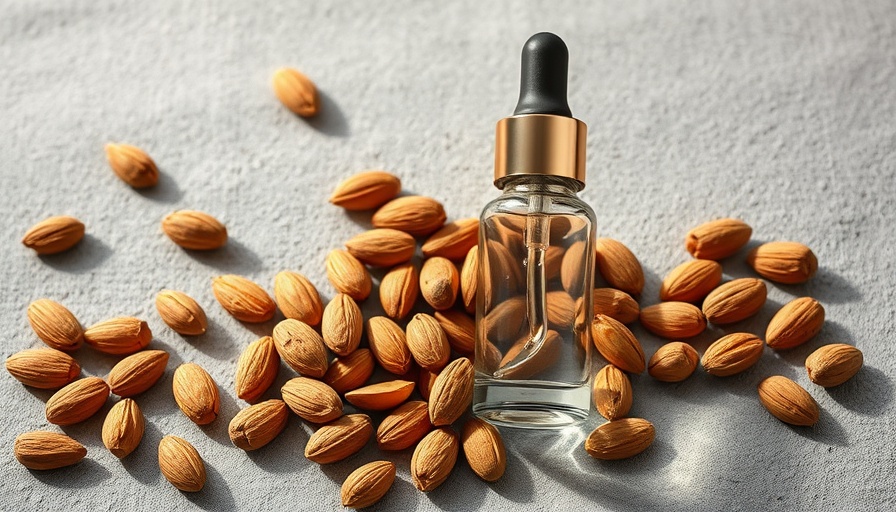 Almond oil benefits for skin highlighted with almonds and clear bottle.