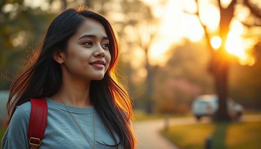 Mother of mindfulness tip for happiness: woman walking with headphones in nature.
