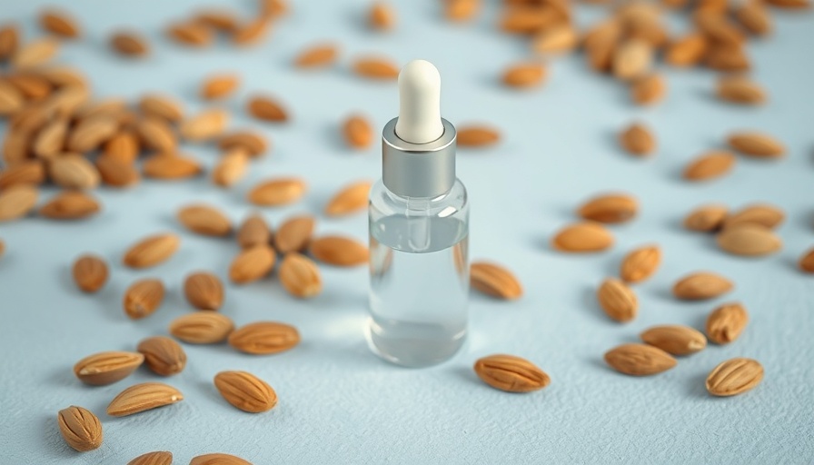 Benefits of almond oil for skin: dropper bottle with almonds on blue surface.