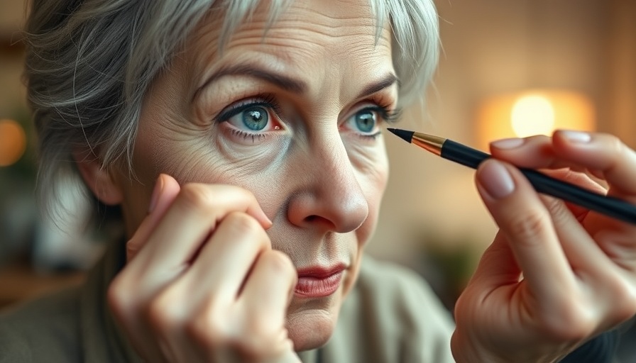Mature woman applying eyeliner, makeup trick to make eyes look bigger.