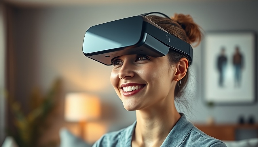 Young woman using Apple Vision Pro mixed reality headset at home.