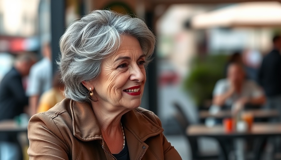 Mature woman smiling and conversing at a cafe, Vitamin D reduces dementia risk.