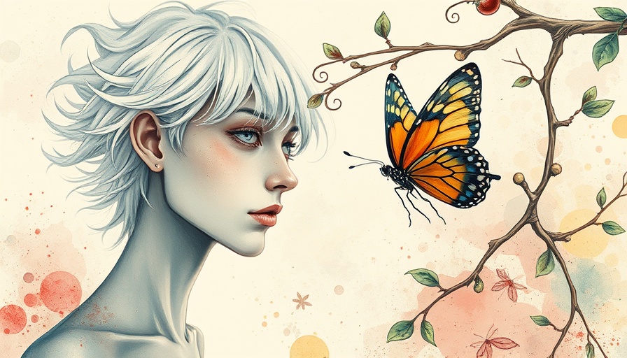 Surreal illustration of transformation with butterfly in pastel tones.