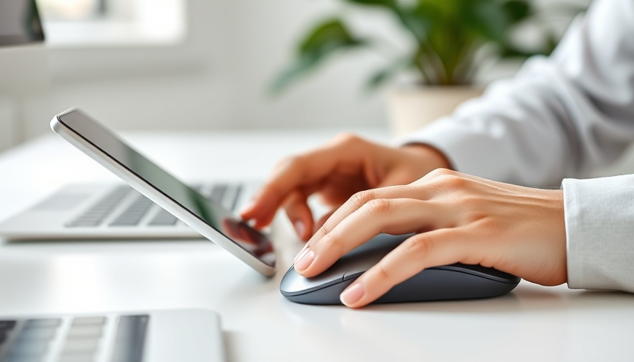 Hands using smartphone and mouse in a modern office setting, showcasing technology use.