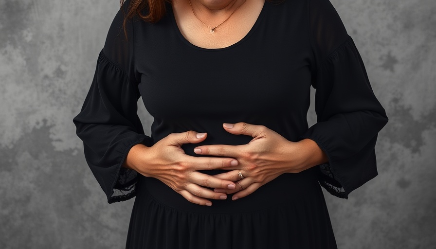 Middle-aged woman holding stomach, signifying gas and bloating discomfort.