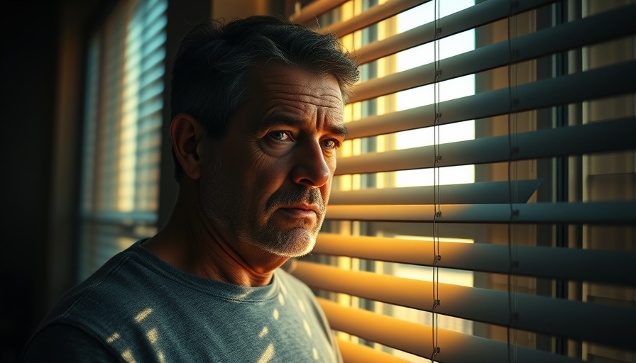 Pensive man near blinds highlighting deportation fear and mental health.