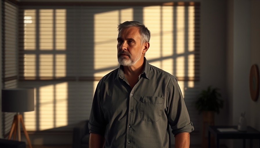 Middle-aged man in dimly lit room casting shadows.