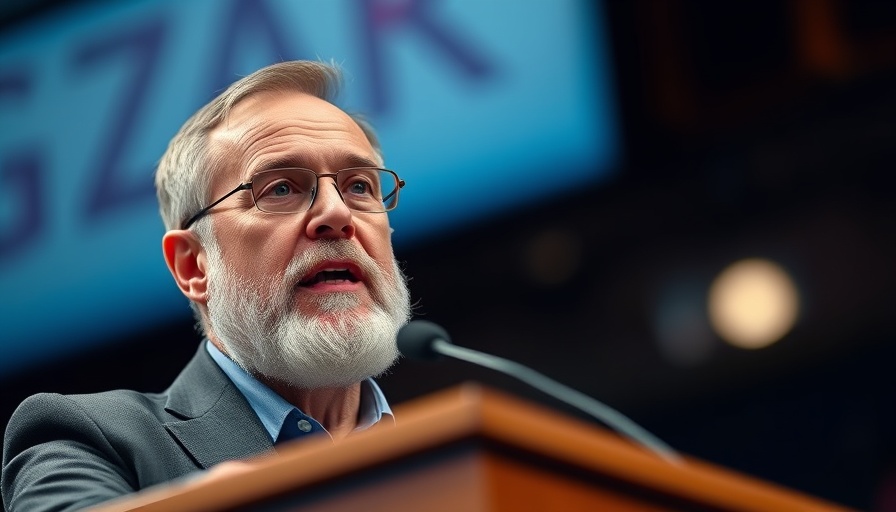 Middle-aged man discussing Pharma Tariffs at a podium.