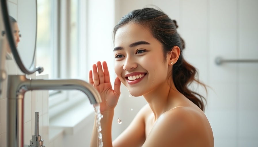 Young woman washing face, promoting Canopy Faucet Filter for skin health.