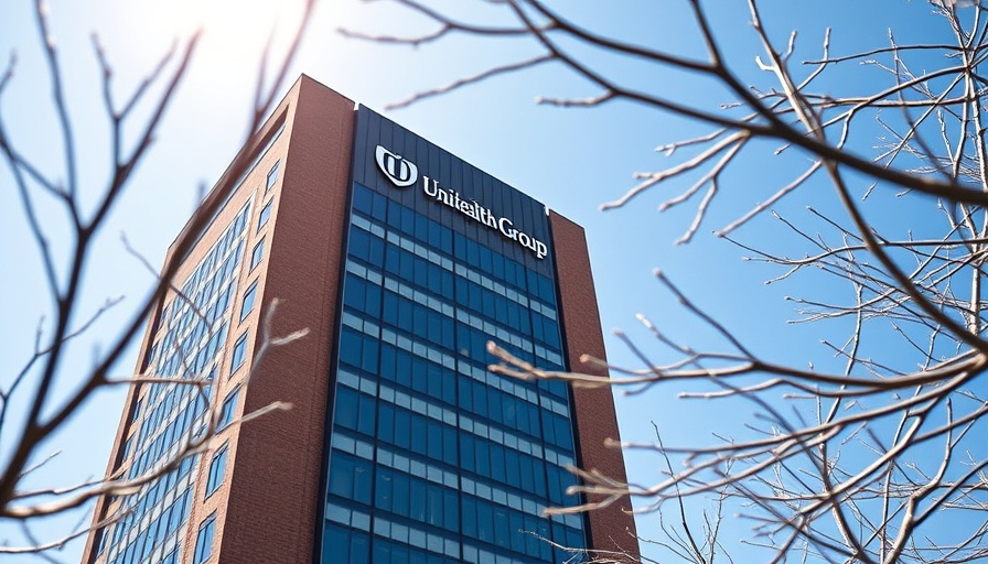 UnitedHealth Group building depicted under clear sky; coverage on first quarter earnings.