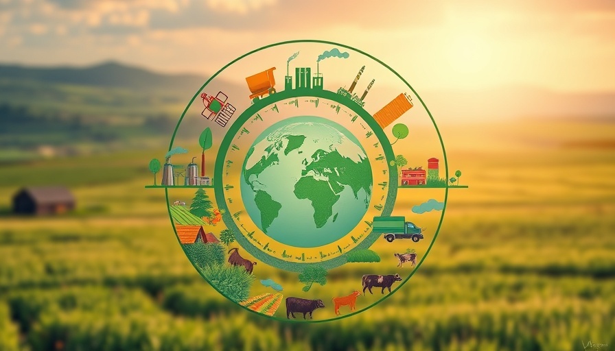 Illustration of microbial solutions to climate change with industry, agriculture, transportation.