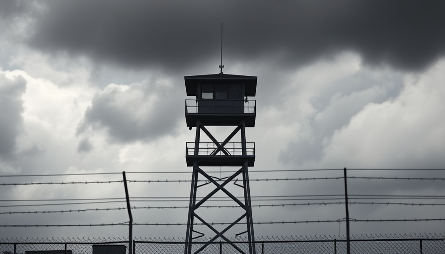 California prison watchtower and barbed wire fence under cloudy sky