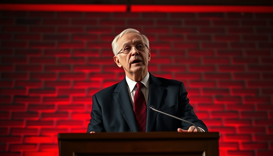 Speaker discussing Biden domestic terror strategy at night with red backdrop.