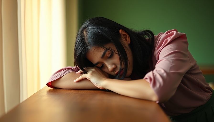 Exhausted woman resting on table, illustrating anxiety and pessimism link.
