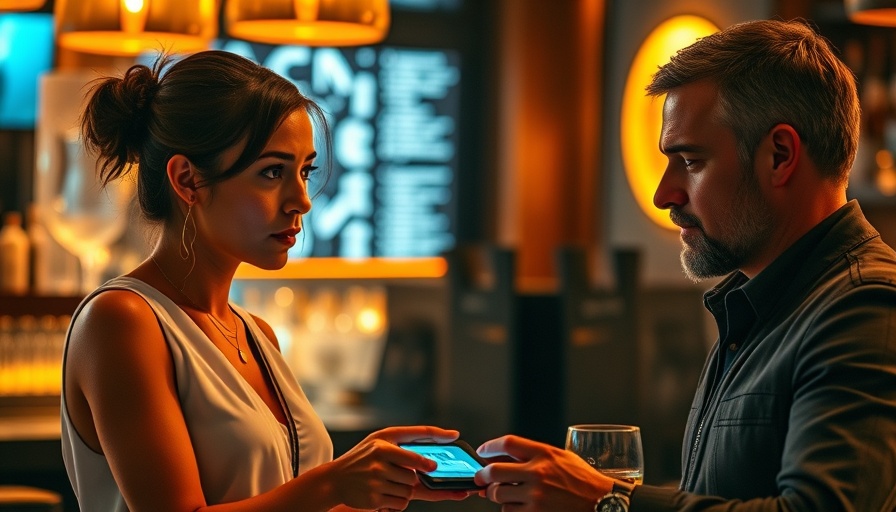 AI assisting interaction between two people in modern bar setting.