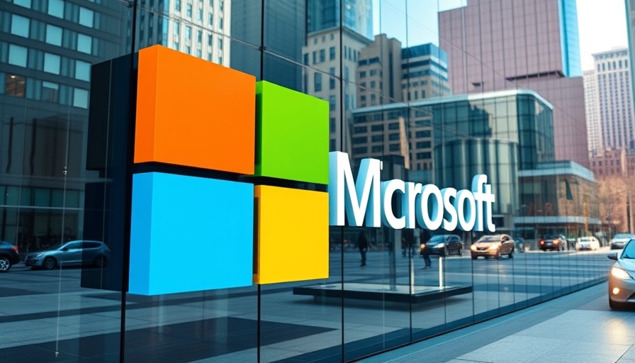 Microsoft building with logo reflecting cityscape, symbolizing surveillance.