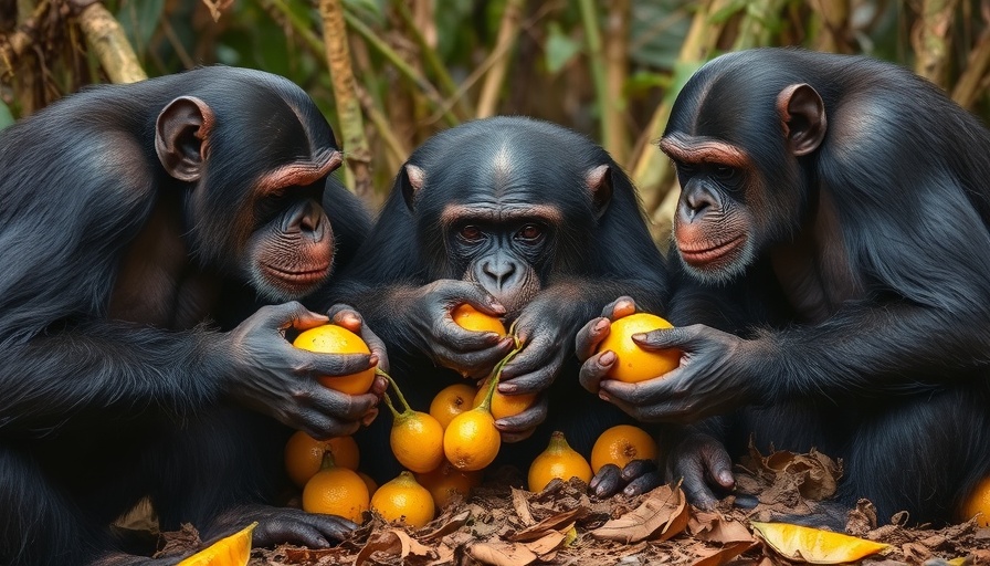 Wild chimpanzees eating fermented fruits in dense jungle setting.
